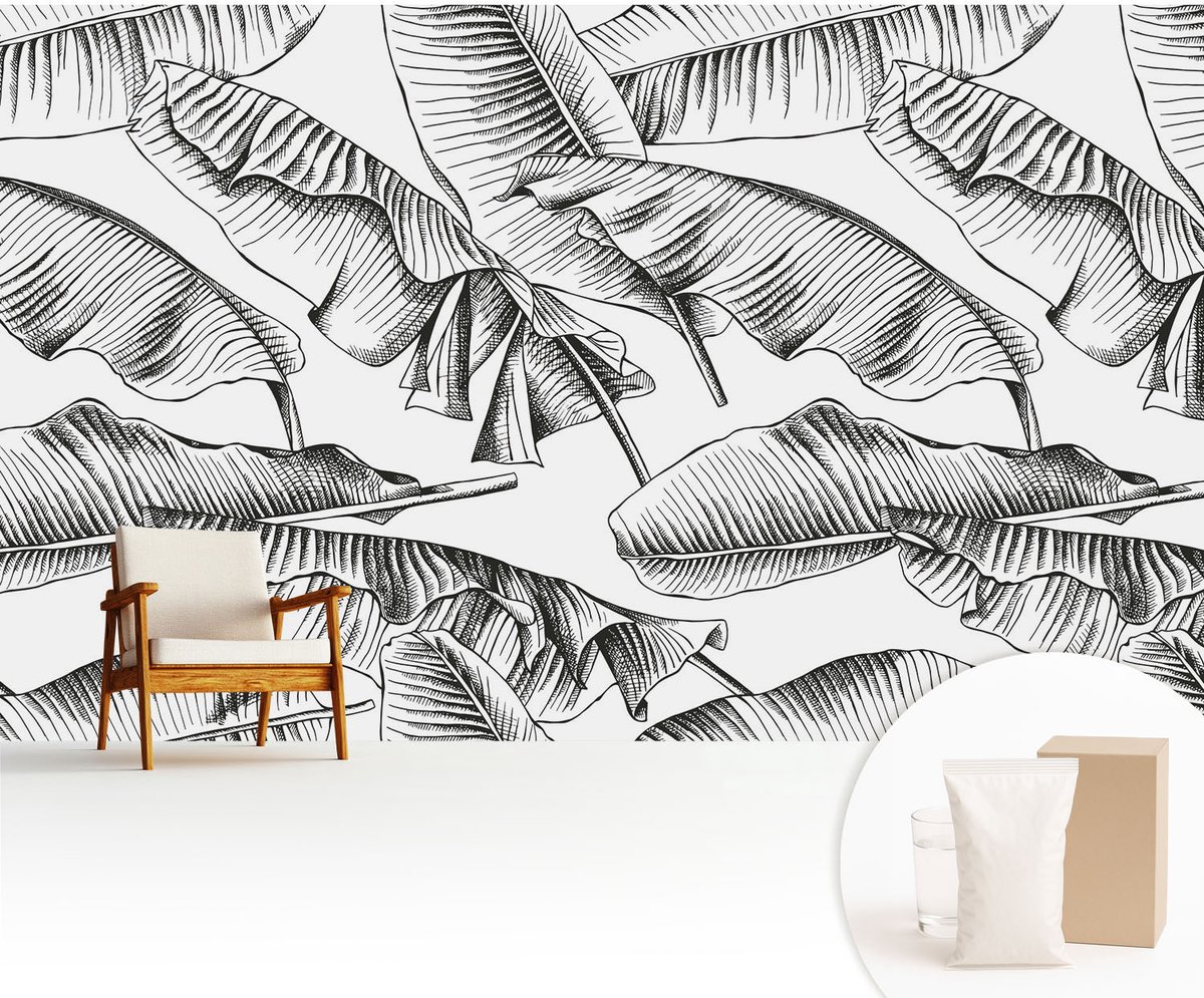 Wallfluent Fotobehang - Zwart-Wit Vliesbehang - 416x254 cm - Bananenbladeren Muurschildering - Gang behang Bloemen En Planten - Fotobehang Vlies - Slaapkamer behang