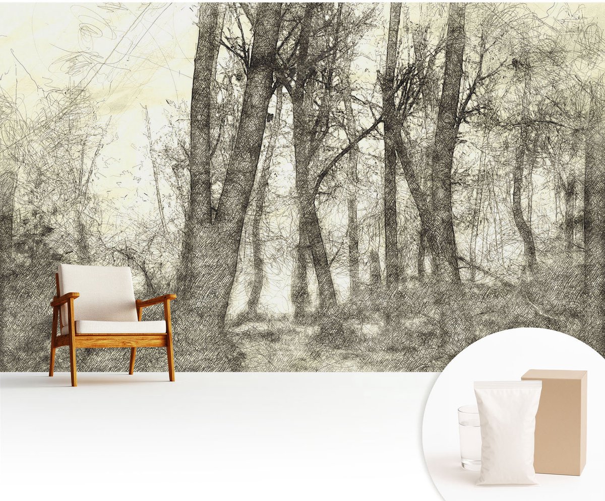 Wallfluent Fotobehang - Zwart-Wit Vliesbehang - 416x254 cm - Bosmelancholie Muurschildering - Gang behang Landschappen - Fotobehang Vlies - Slaapkamer behang