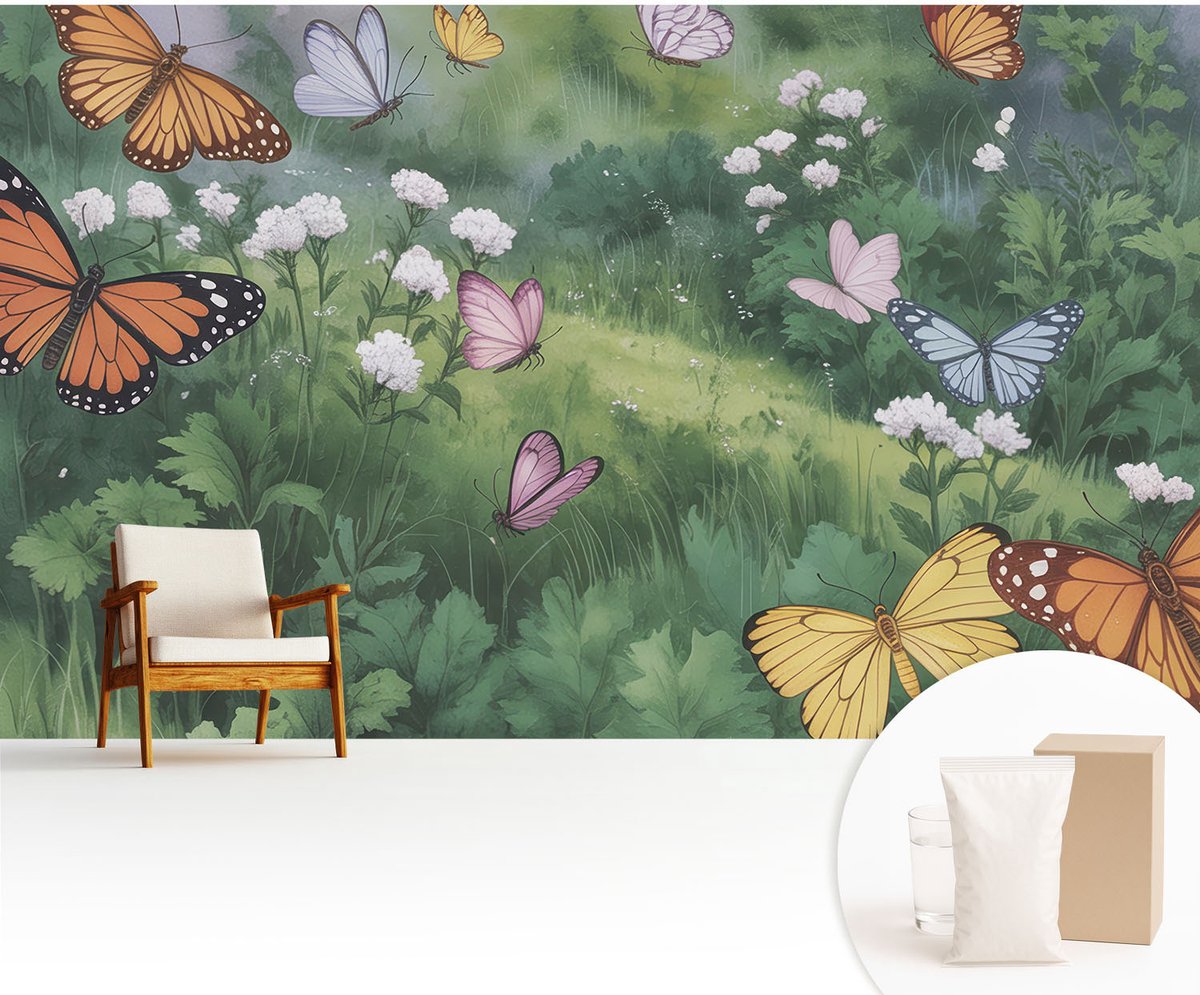 Wallfluent Fotobehang - Groente Vliesbehang - 416x254 cm - Vlinders In De Weide Fotobehang Vlies - Hal behang Bloemen En Planten - Muurschildering - Hal behang