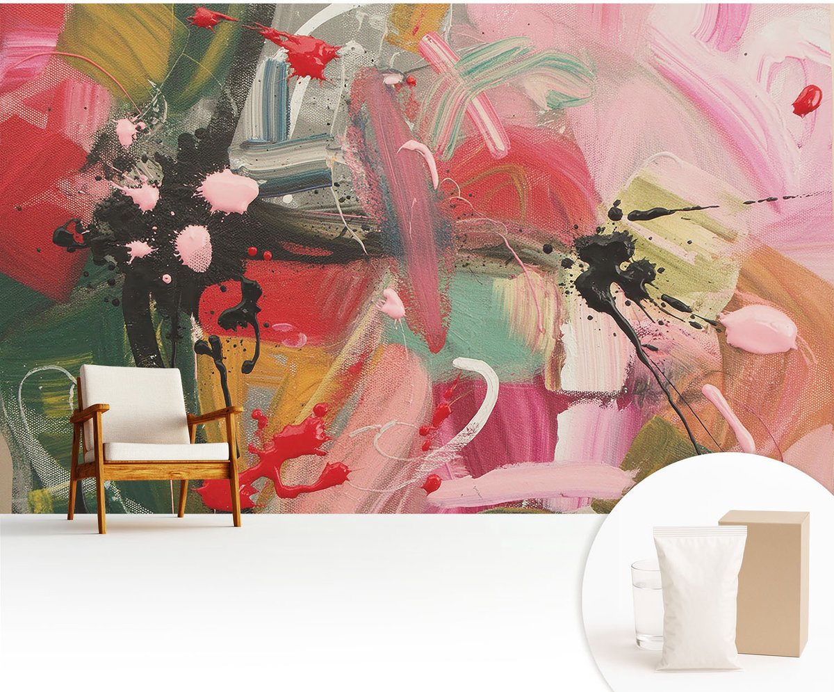 Wallfluent Fotobehang - Roze Vliesbehang - 416x254 cm - Kleurrijke Chaos Muurschildering - Gang behang Achtergronden En Patronen - Fotobehang Vlies - Slaapkamer behang