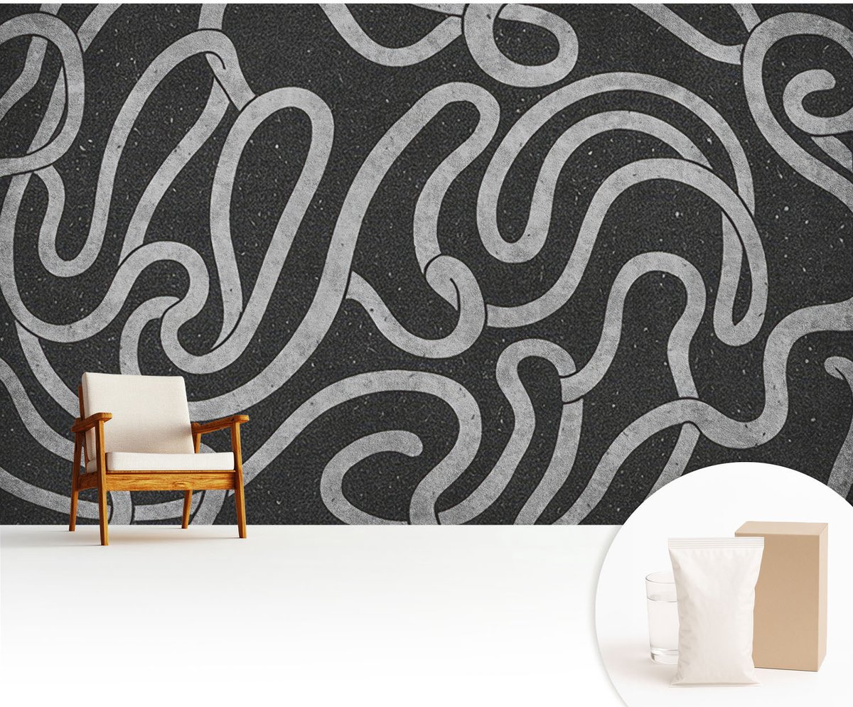Wallfluent Fotobehang - Zwart Vliesbehang - 416x254 cm - Gedraaide Vormen Muurschildering - Slaapkamer behang Texturen - Fotobehang Vlies - Slaapkamer behang