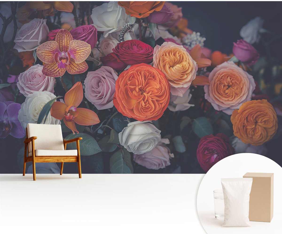 Wallfluent Fotobehang - Oranje Vliesbehang - 416x254 cm - Kleurrijk Boeket Fotobehang Vlies - Hal behang Bloemen En Planten - Muurschildering - Woonkamer behang