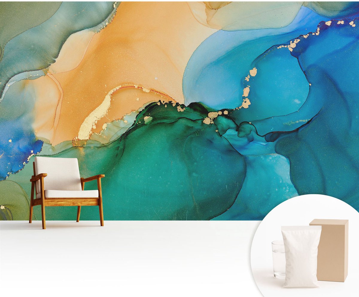 Wallfluent Fotobehang - Blauw Vliesbehang - 416x254 cm - Kleurrijke Golven Fotobehang Vlies - Hal behang Abstractie - Muurschildering - Woonkamer behang