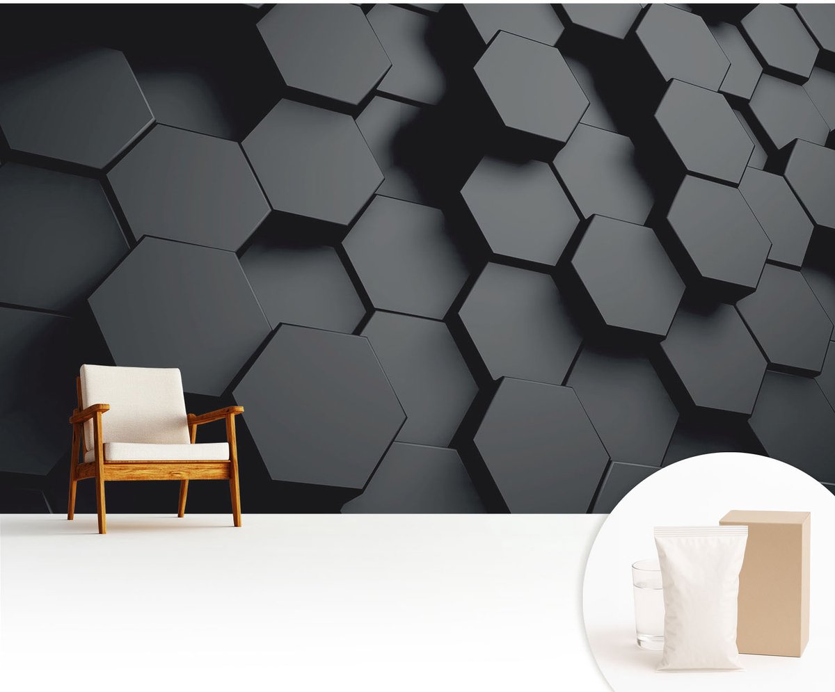 Wallfluent Fotobehang - Zwart Vliesbehang - 416x254 cm - 3D-Zeshoeken Muurschildering - Slaapkamer behang Geometrie - Fotobehang Vlies - Slaapkamer behang