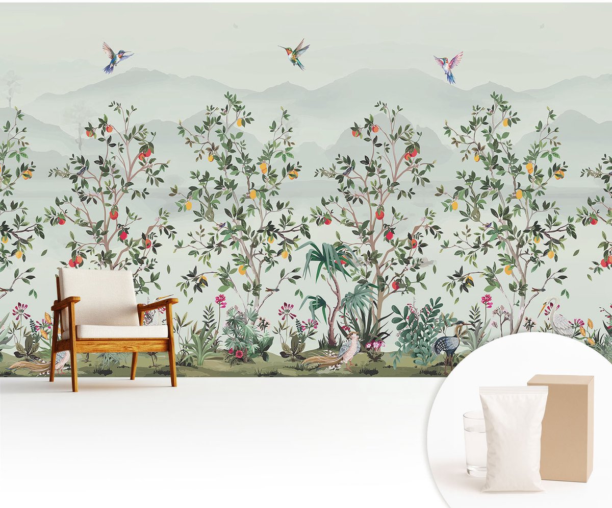 Wallfluent Fotobehang - Grijs Vliesbehang - 416x254 cm - Exotische Bomen Muurschildering - Slaapkamer behang Bloemen En Planten - Fotobehang Vlies - Slaapkamer behang