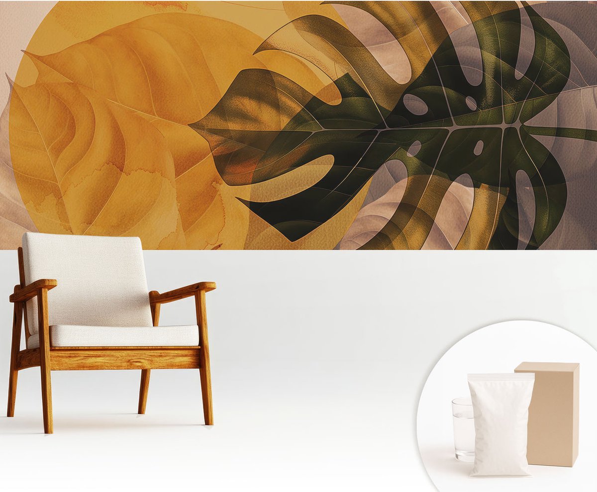 Wallfluent Fotobehang - Oranje Vliesbehang - 250x104 cm - Abstracte Bladeren Fotobehang Vlies - Woonkamer behang Bloemen En Planten - Muurschildering - Woonkamer behang