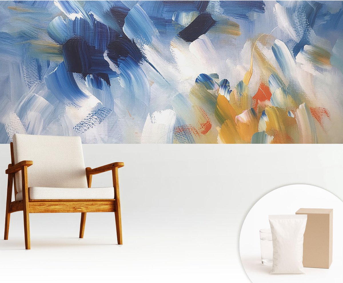 Wallfluent Fotobehang - Blauw Vliesbehang - 250x104 cm - Kleurrijke Penseelstreken Muurschildering - Gang behang Abstractie - Fotobehang Vlies - Gang behang