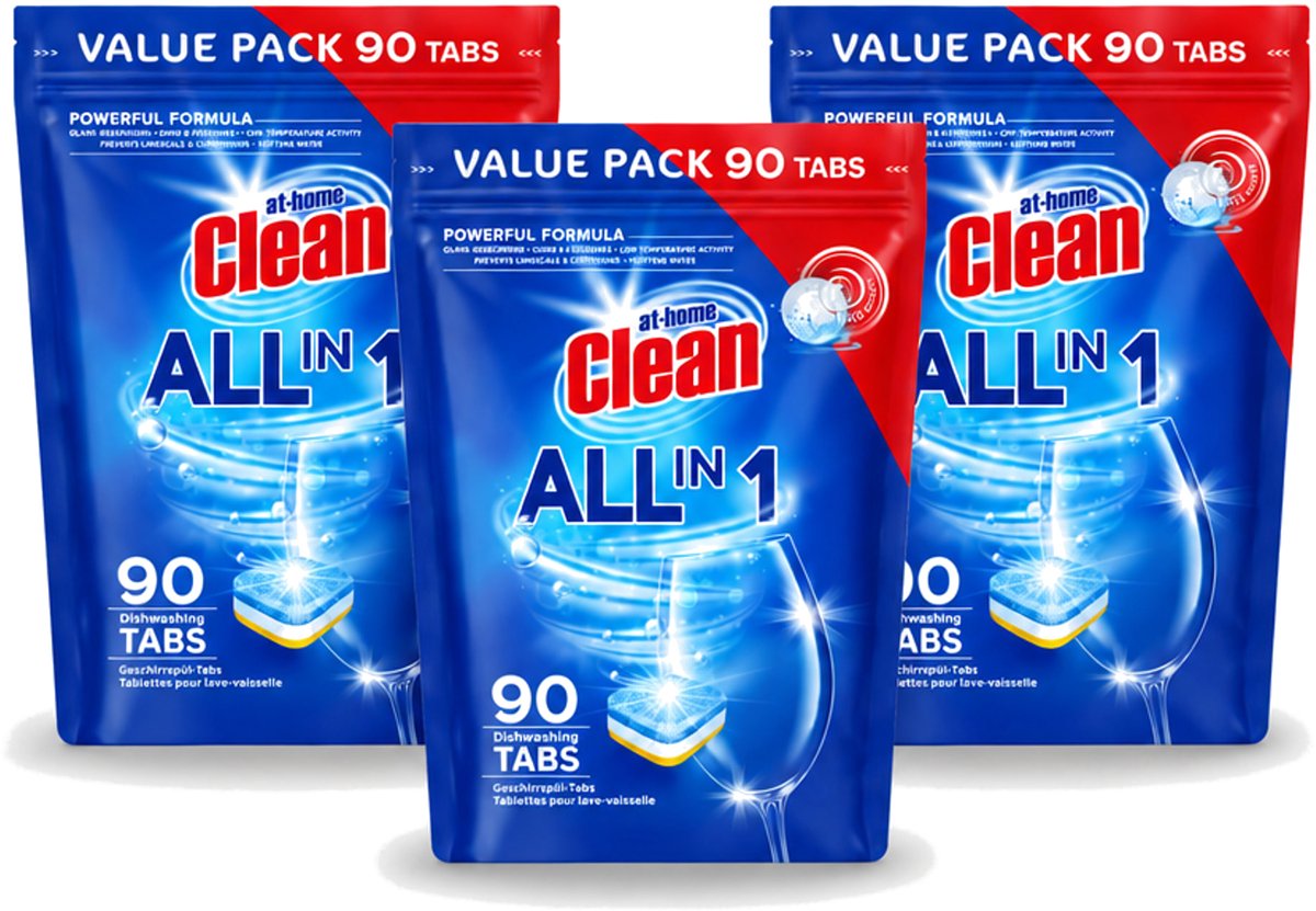 3 x At Home – Vaatwastabletten All-in-1 – Krachtige Reiniging – 90 Tabs - Voordeelverpakking - 3 stuks