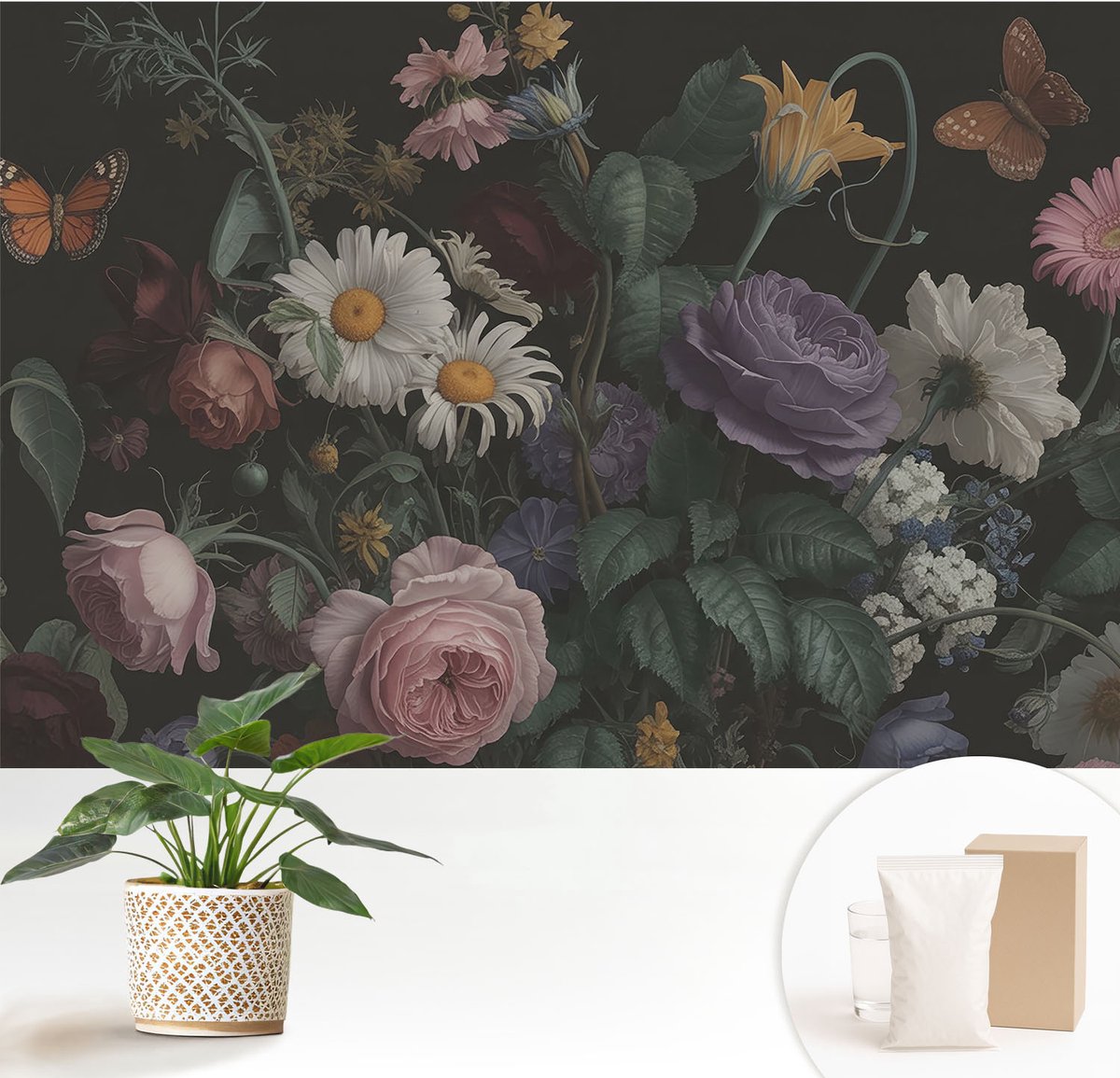 Wallfluent Fotobehang - Zwart Vliesbehang - 152x104 cm - Bloemige Elegantie Fotobehang Vlies - Hal behang Bloemen En Planten - Muurschildering - Woonkamer behang