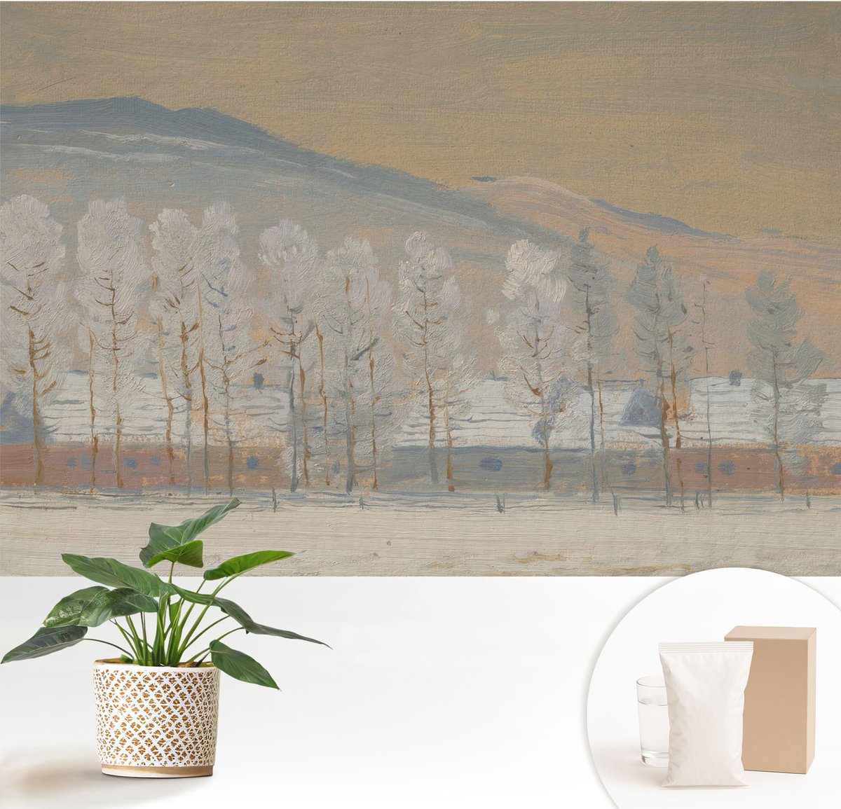 Wallfluent Fotobehang - Beige Vliesbehang - 152x104 cm - Winterlandschap Muurschildering - Slaapkamer behang Landschappen - Fotobehang Vlies - Gang behang