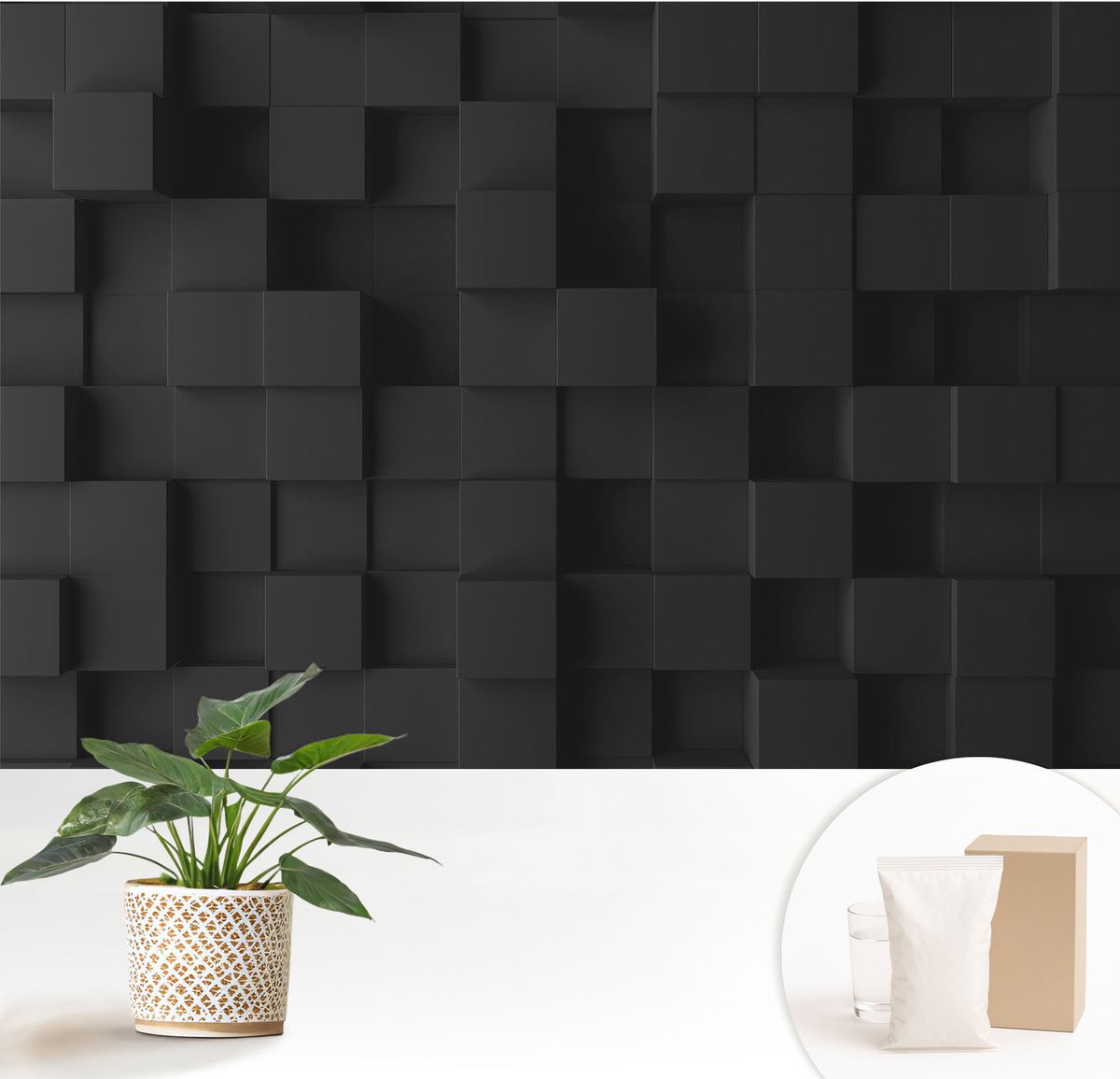 Wallfluent Fotobehang - Zwart Vliesbehang - 152x104 cm - Driedimensionale Kubussen Fotobehang Vlies - Woonkamer behang Achtergronden En Patronen - Muurschildering - Woonkamer behang