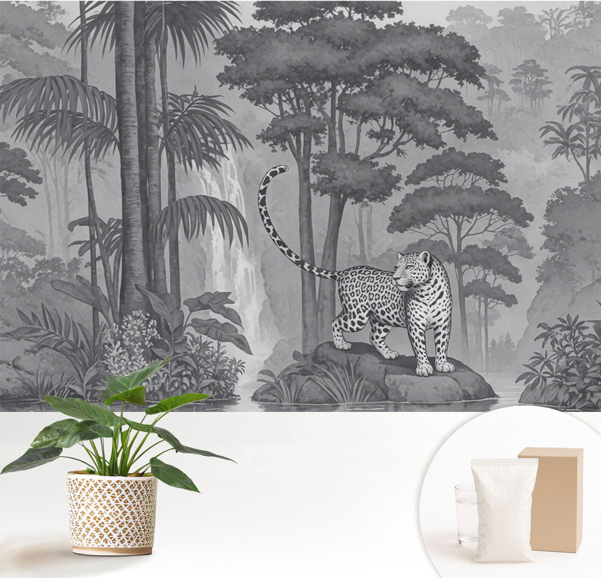 Wallfluent Fotobehang - Grijs Vliesbehang - 152x104 cm - Tropische Jungle Fotobehang Vlies - Woonkamer behang Dieren - Muurschildering - Woonkamer behang