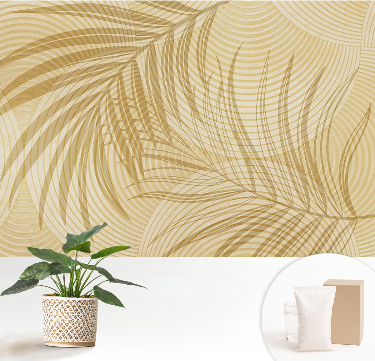 Wallfluent Fotobehang - Beige Vliesbehang - 152x104 cm - Tropische Elegantie Muurschildering - Slaapkamer behang Achtergronden En Patronen - Fotobehang Vlies - Slaapkamer behang