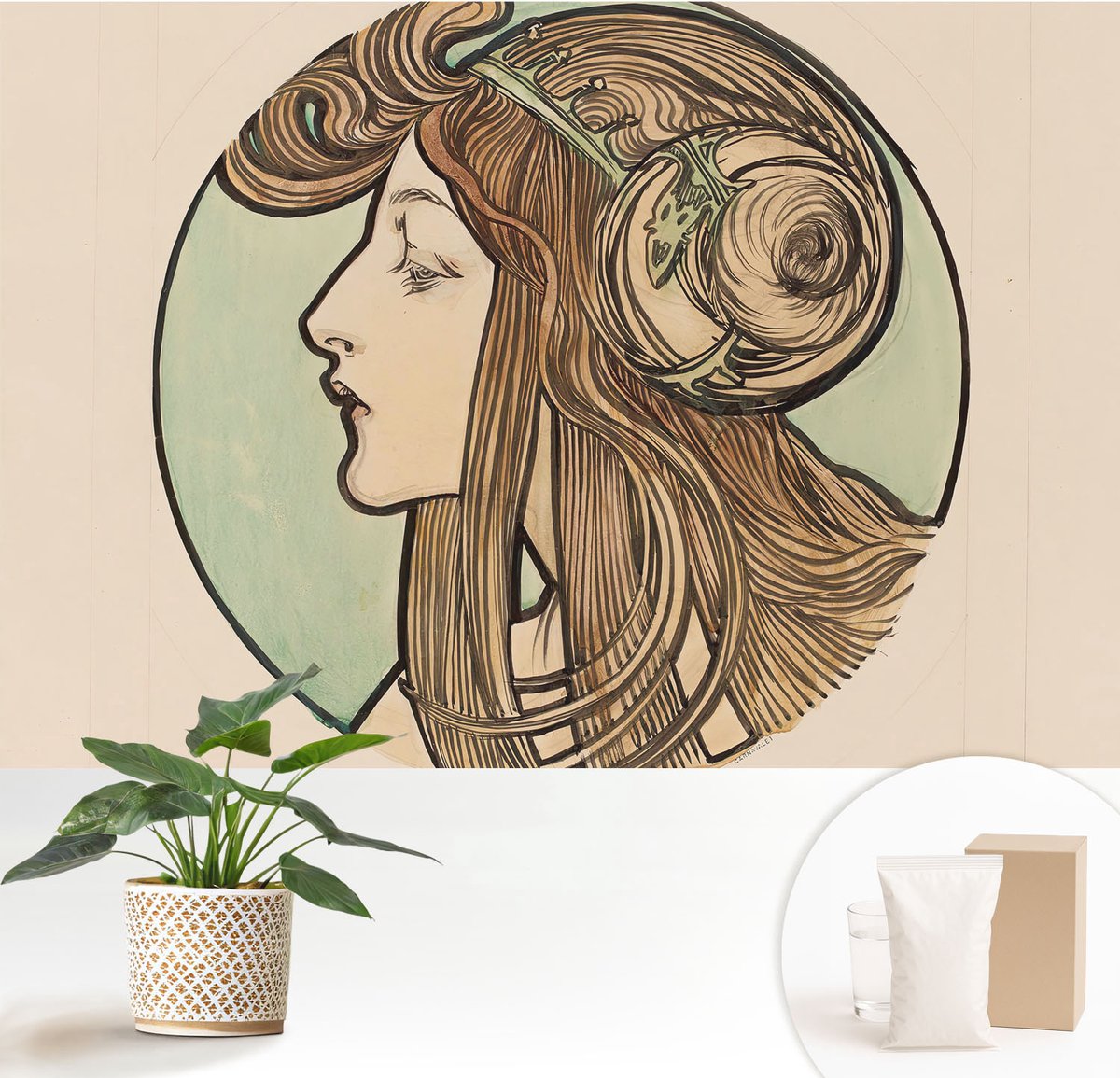 Wallfluent Fotobehang - Beige Vliesbehang - 152x104 cm - Art Nouveau-Portret Muurschildering - Slaapkamer behang Deel - Fotobehang Vlies - Slaapkamer behang