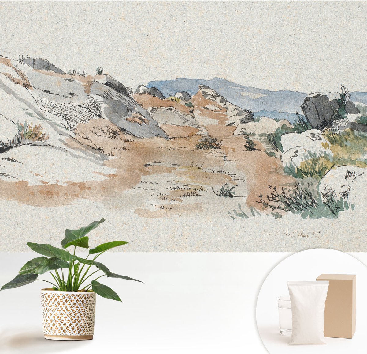 Wallfluent Fotobehang - Beige Vliesbehang - 152x104 cm - Rotslandschap Muurschildering - Slaapkamer behang Landschappen - Fotobehang Vlies - Slaapkamer behang