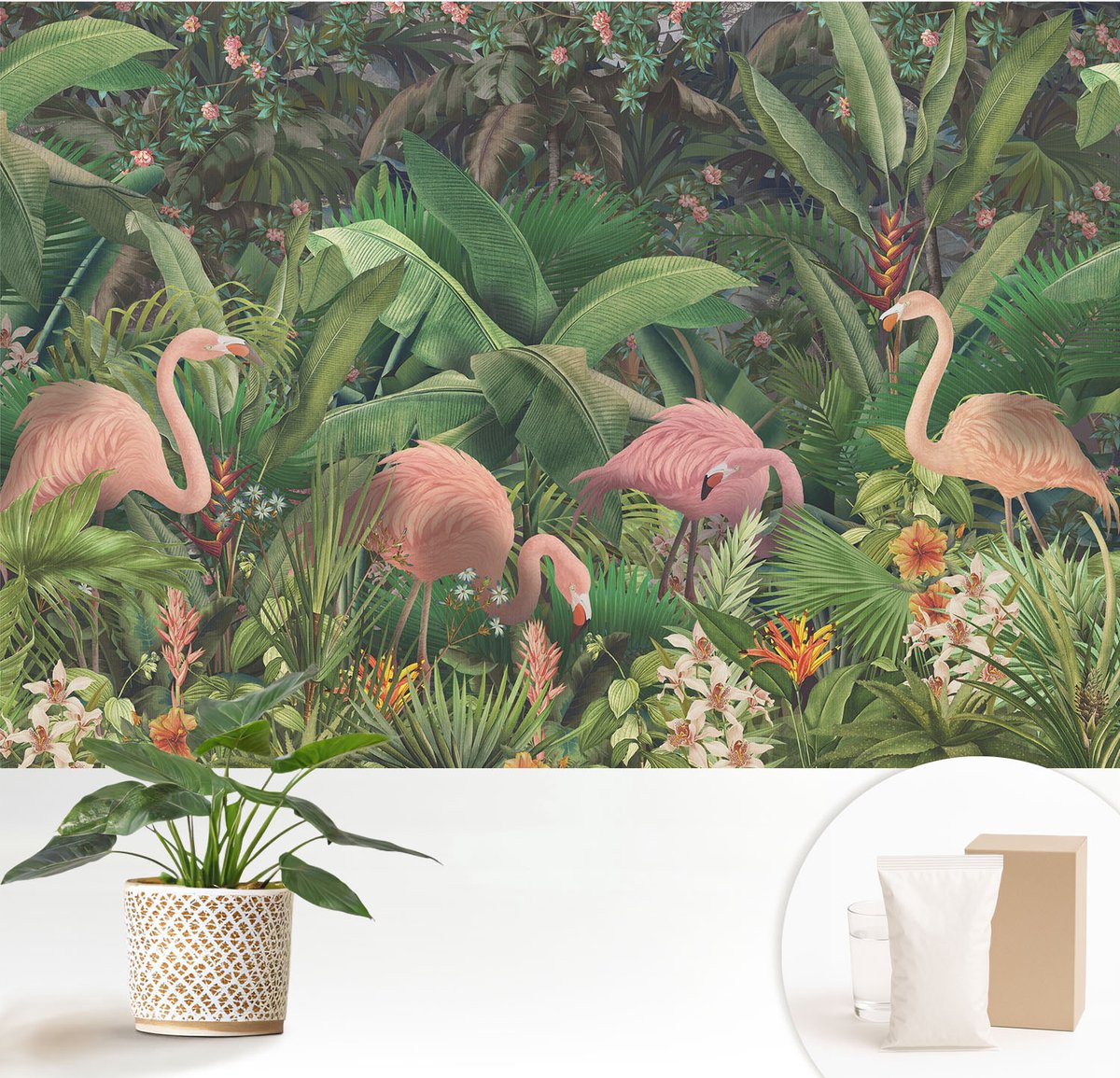 Wallfluent Fotobehang - Groente Vliesbehang - 152x104 cm - Roze Flamingo'S Fotobehang Vlies - Hal behang Bloemen En Planten - Muurschildering - Hal behang