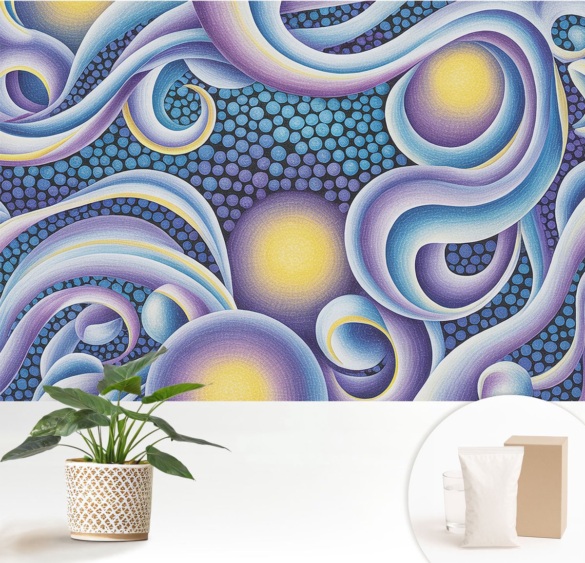 Wallfluent Fotobehang - Blauw Vliesbehang - 152x104 cm - Kleurrijke Wervelingen Muurschildering - Gang behang Abstractie - Fotobehang Vlies - Slaapkamer behang