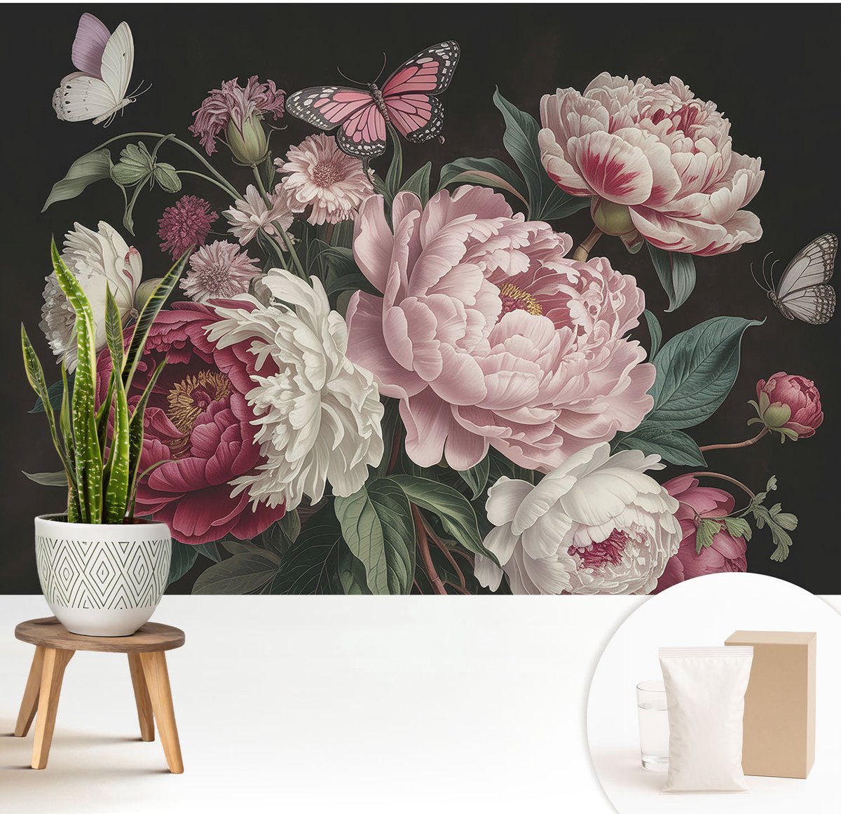 Wallfluent Fotobehang - Zwart Vliesbehang - 208x146 cm - Pioenrozen En Vlinders Muurschildering - Gang behang Bloemen En Planten - Fotobehang Vlies - Slaapkamer behang