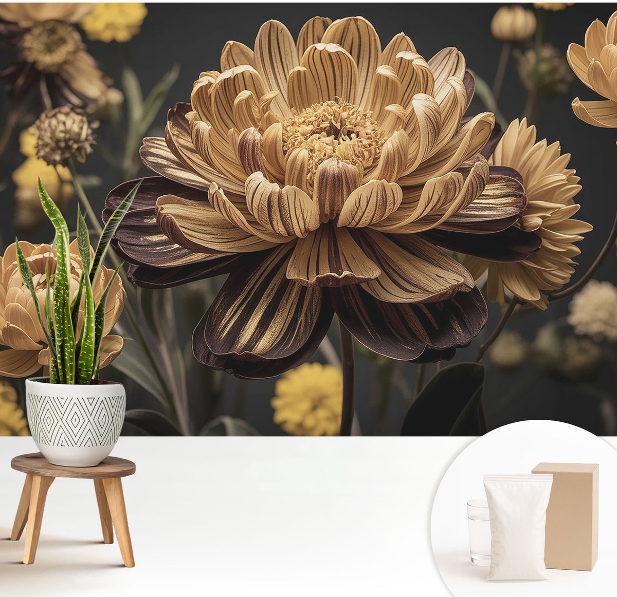 Wallfluent Fotobehang - Grijs Vliesbehang - 208x146 cm - Bloemige Elegantie Fotobehang Vlies - Woonkamer behang Bloemen En Planten - Muurschildering - Woonkamer behang