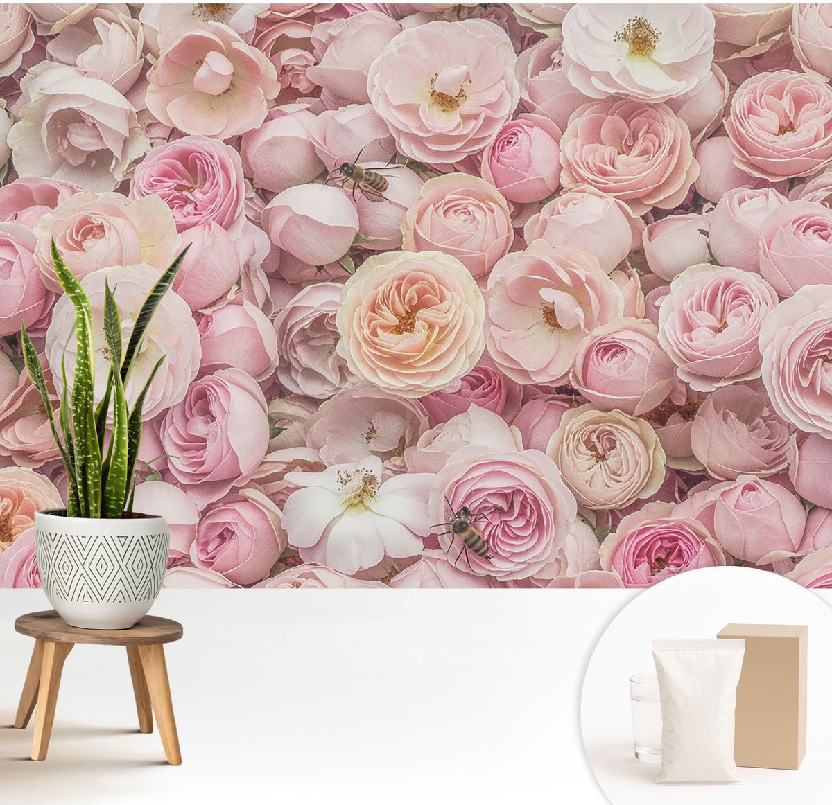 Wallfluent Fotobehang - Roze Vliesbehang - 208x146 cm - Prachtige Bloemen Muurschildering - Slaapkamer behang Bloemen En Planten - Fotobehang Vlies - Slaapkamer behang