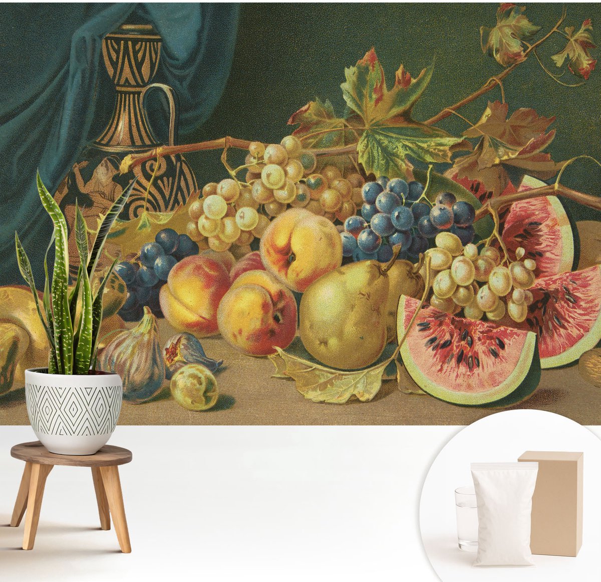 Wallfluent Fotobehang - Grijs Vliesbehang - 208x146 cm - Fruitige Charme Fotobehang Vlies - Hal behang Voedsel - Muurschildering - Hal behang