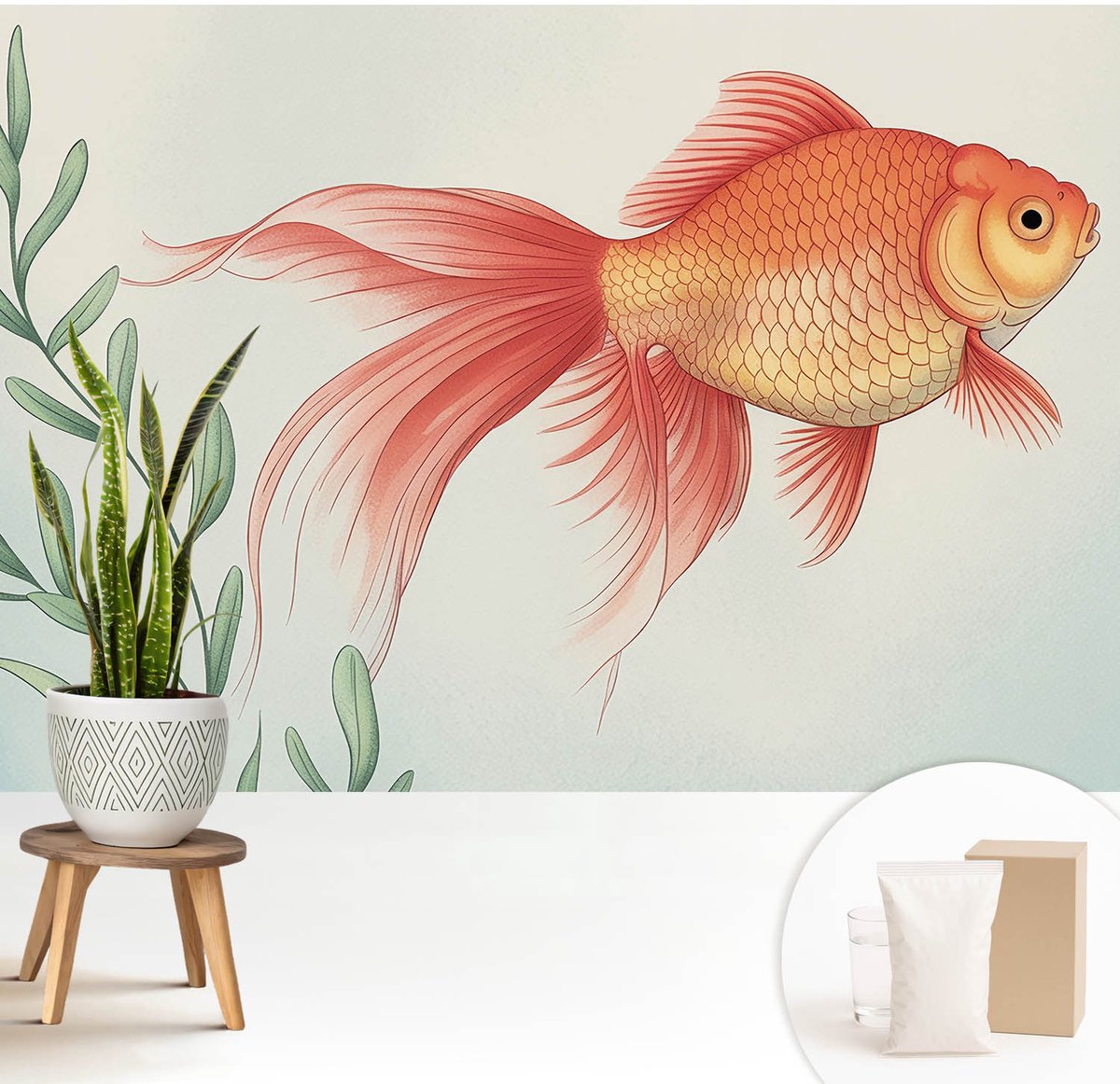 Wallfluent Fotobehang - Oranje Vliesbehang - 208x146 cm - Waterschoonheid Fotobehang Vlies - Hal behang Dieren - Muurschildering - Woonkamer behang