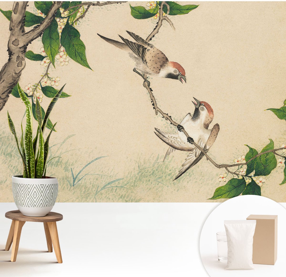 Wallfluent Fotobehang - Beige Vliesbehang - 208x146 cm - Klassiek Duo Fotobehang Vlies - Woonkamer behang Dieren - Muurschildering - Woonkamer behang