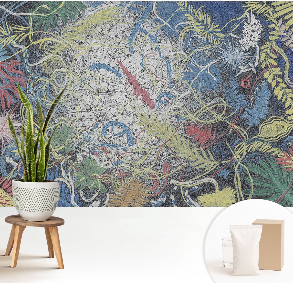 Wallfluent Fotobehang - Blauw Vliesbehang - 208x146 cm - Plantenwervels Muurschildering - Gang behang Abstractie - Fotobehang Vlies - Gang behang