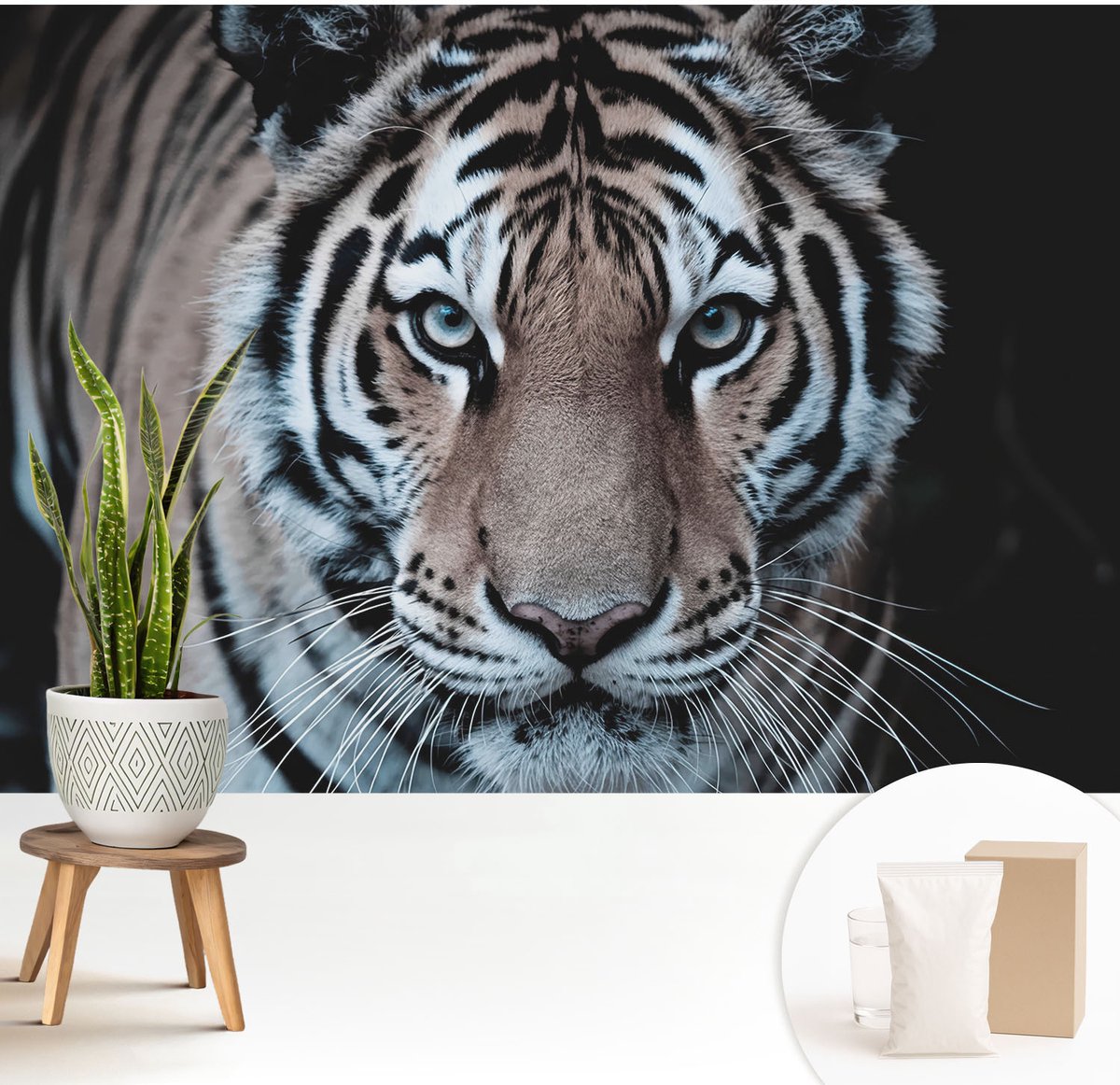 Wallfluent Fotobehang - Zwart Vliesbehang - 208x146 cm - Tijgerportret Fotobehang Vlies - Woonkamer behang Dieren - Muurschildering - Woonkamer behang