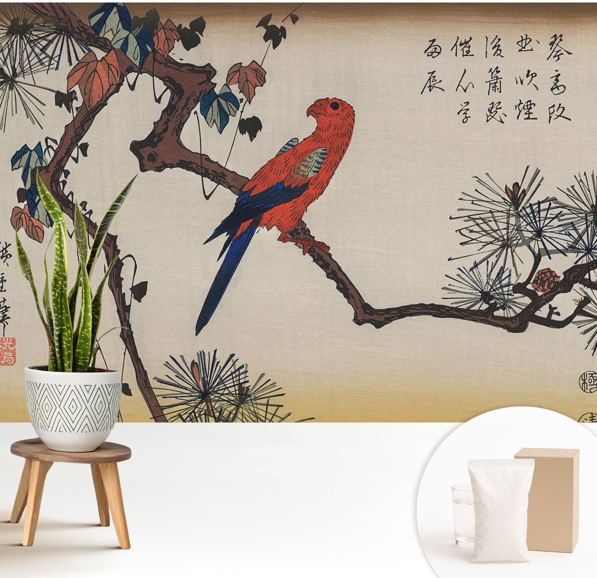 Wallfluent Fotobehang - Beige Vliesbehang - 208x146 cm - Een Vogel Op Een Tak Muurschildering - Slaapkamer behang Dieren - Fotobehang Vlies - Slaapkamer behang