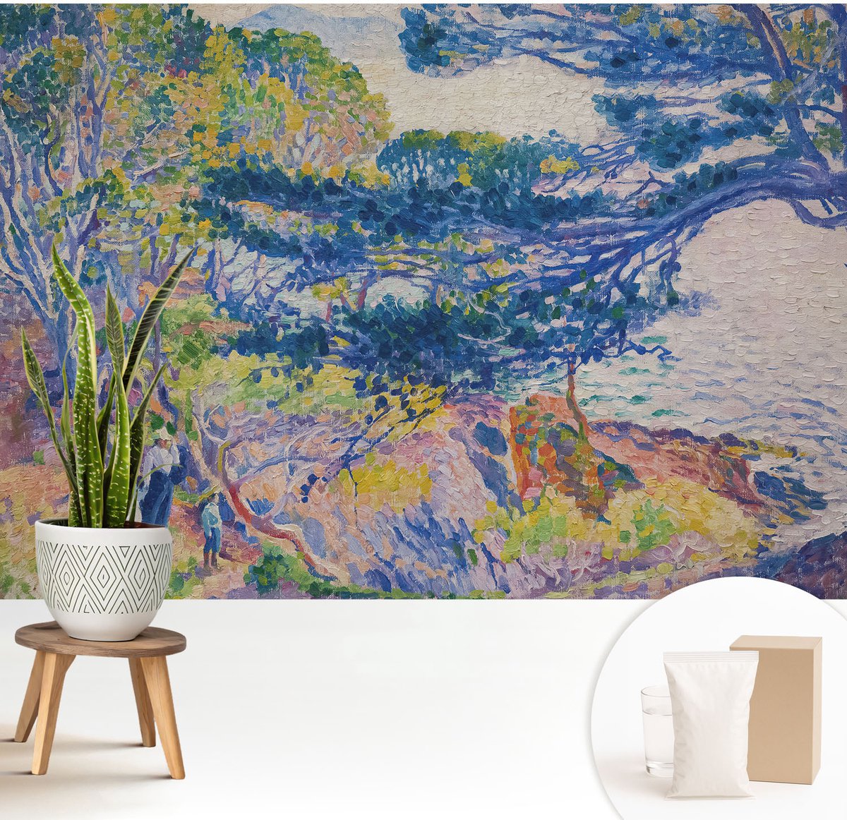 Wallfluent Fotobehang - Blauw Vliesbehang - 208x146 cm - Impressionistisch Landschap Fotobehang Vlies - Woonkamer behang Landschappen - Muurschildering - Woonkamer behang