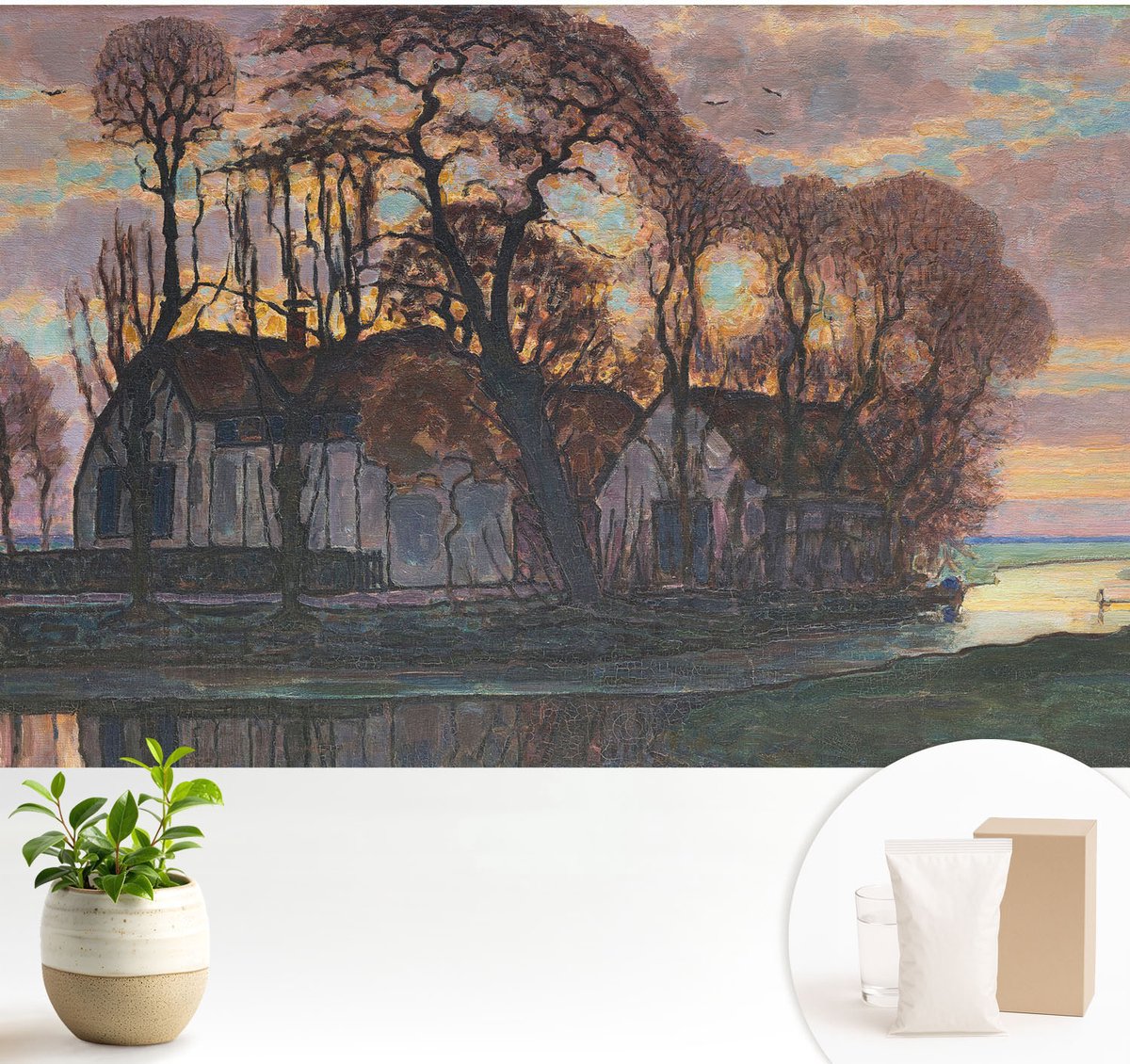 Wallfluent Fotobehang - Grijs Vliesbehang - 104x70 cm - Avondlandschap Fotobehang Vlies - Hal behang Landschappen - Muurschildering - Woonkamer behang