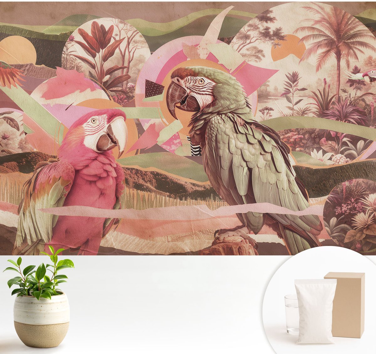 Wallfluent Fotobehang - Roze Vliesbehang - 104x70 cm - Tropische Vogels Fotobehang Vlies - Woonkamer behang Dieren - Muurschildering - Woonkamer behang