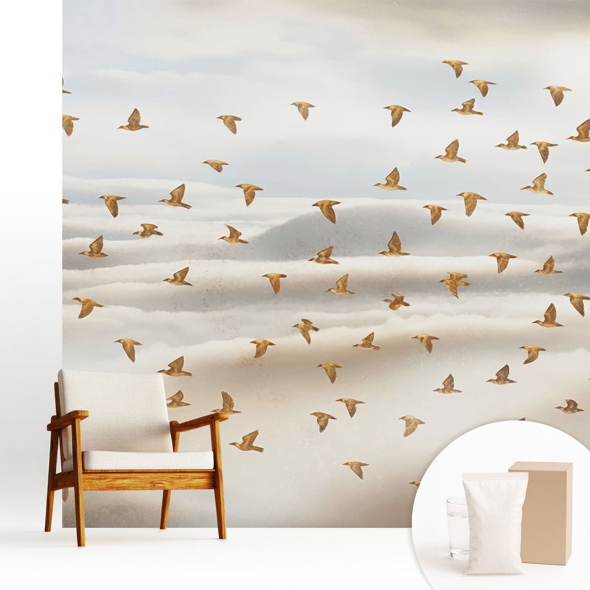 Wallfluent Fotobehang - Beige Vliesbehang - 250x250 cm - Vogels In Vlucht Muurschildering - Gang behang Dieren - Fotobehang Vlies - Slaapkamer behang