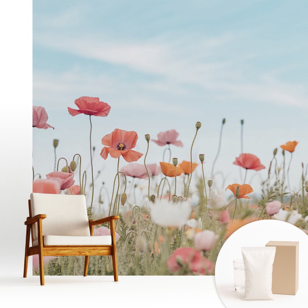 Wallfluent Fotobehang - Blauw Vliesbehang - 250x250 cm - Klaprozen Muurschildering - Slaapkamer behang Bloemen En Planten - Fotobehang Vlies - Gang behang