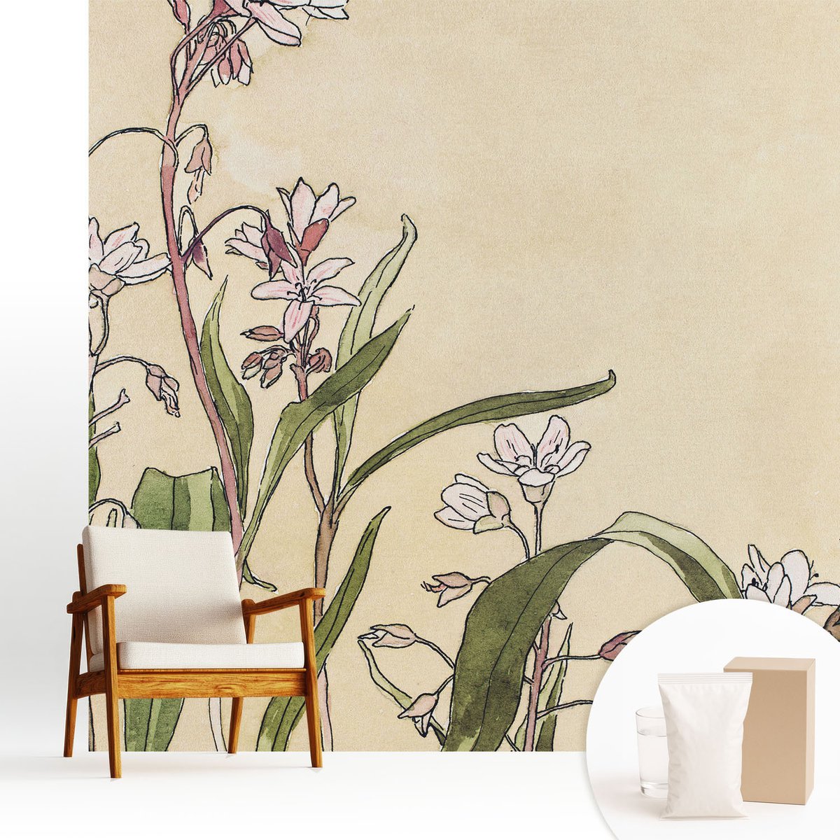 Wallfluent Fotobehang - Wit Vliesbehang - 250x250 cm - Bloemige Elegantie Muurschildering - Slaapkamer behang Bloemen En Planten - Fotobehang Vlies - Slaapkamer behang