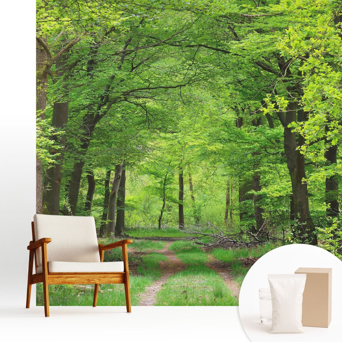 Wallfluent Fotobehang - Groente Vliesbehang - 250x250 cm - Bospad Fotobehang Vlies - Woonkamer behang Landschappen - Muurschildering - Woonkamer behang