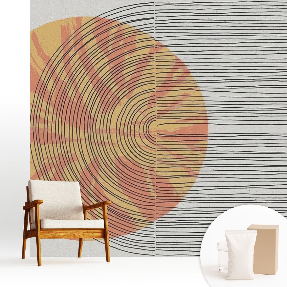 Wallfluent Fotobehang - Grijs Vliesbehang - 250x250 cm - Cirkel Met Lijnen Muurschildering - Slaapkamer behang Abstractie - Fotobehang Vlies - Slaapkamer behang
