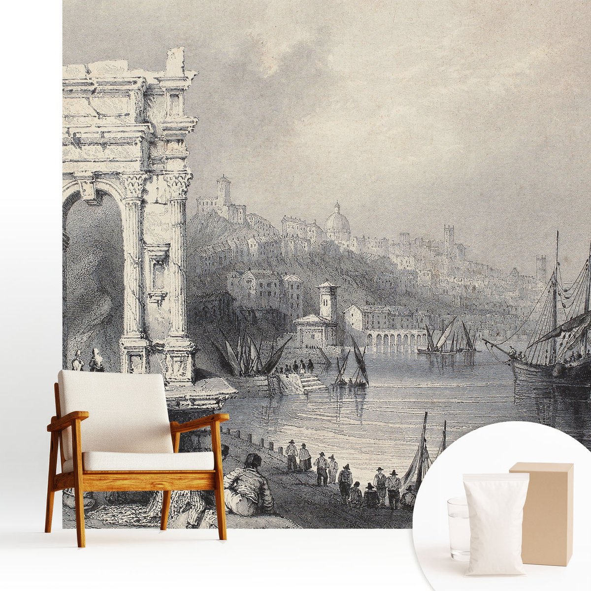 Wallfluent Fotobehang - Grijs Vliesbehang - 250x250 cm - Zeegezicht Muurschildering - Slaapkamer behang Architectuur - Fotobehang Vlies - Gang behang