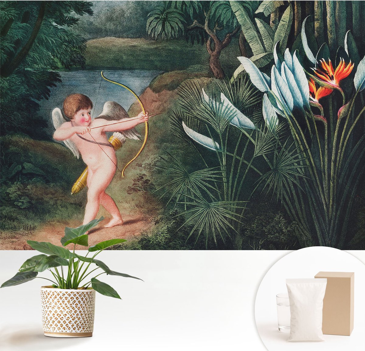 Wallfluent Fotobehang - Groente Vliesbehang - 152x104 cm - Schattige Cupido Fotobehang Vlies - Woonkamer behang Bloemen En Planten - Muurschildering - Woonkamer behang