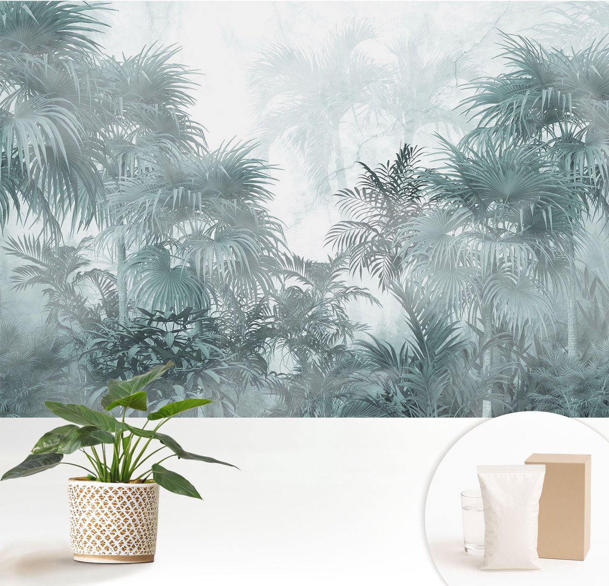 Wallfluent Fotobehang - Blauw Vliesbehang - 152x104 cm - Exotisch Groen Muurschildering - Slaapkamer behang Bloemen En Planten - Fotobehang Vlies - Gang behang