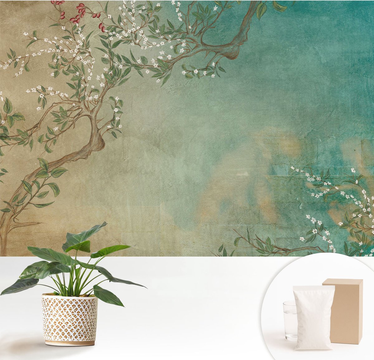 Wallfluent Fotobehang - Beige Vliesbehang - 152x104 cm - Bloemenharmonie Muurschildering - Gang behang Bloemen En Planten - Fotobehang Vlies - Slaapkamer behang