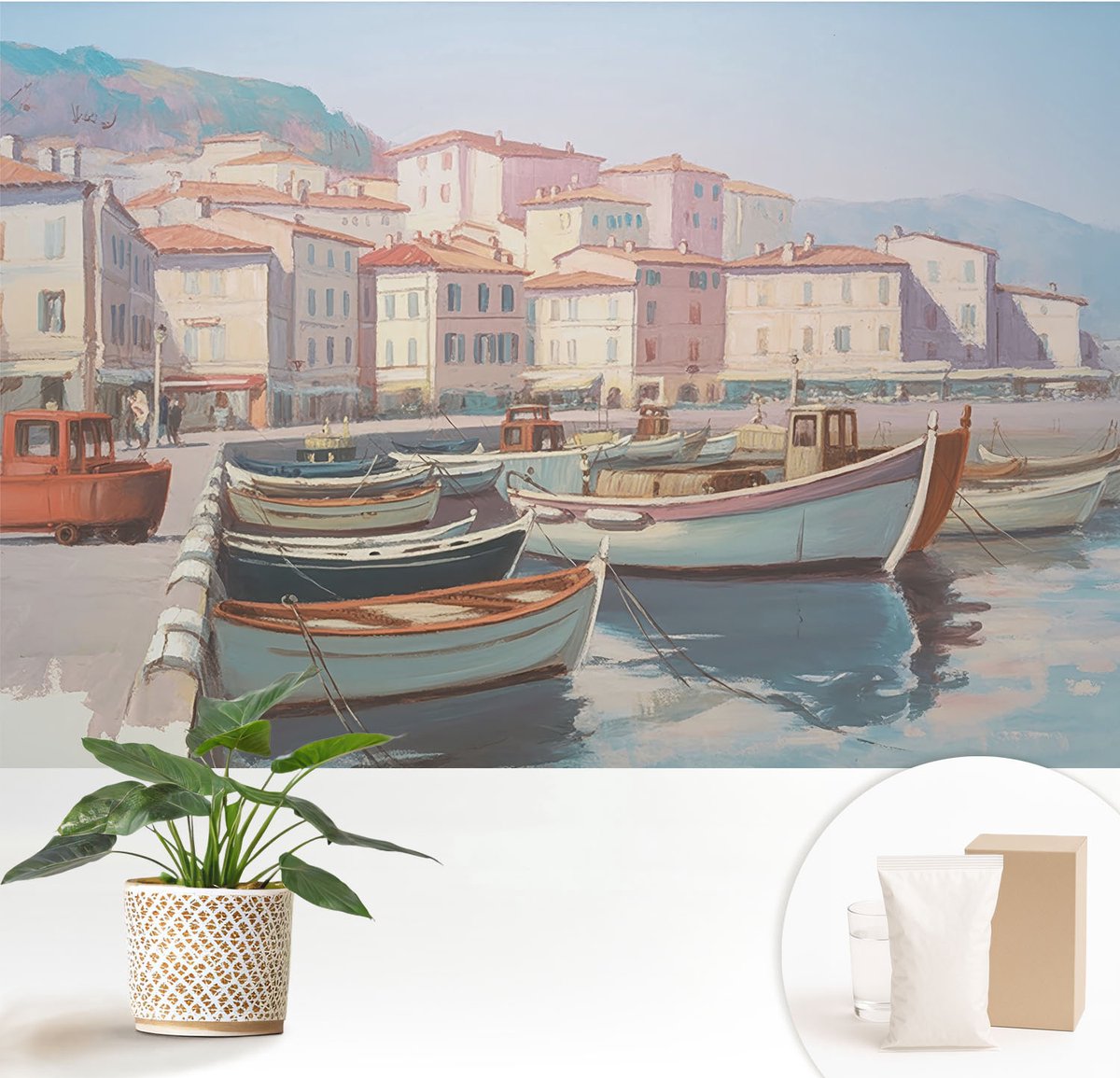 Wallfluent Fotobehang - Beige Vliesbehang - 152x104 cm - Haven Aan Zee Muurschildering - Gang behang Steden - Fotobehang Vlies - Slaapkamer behang