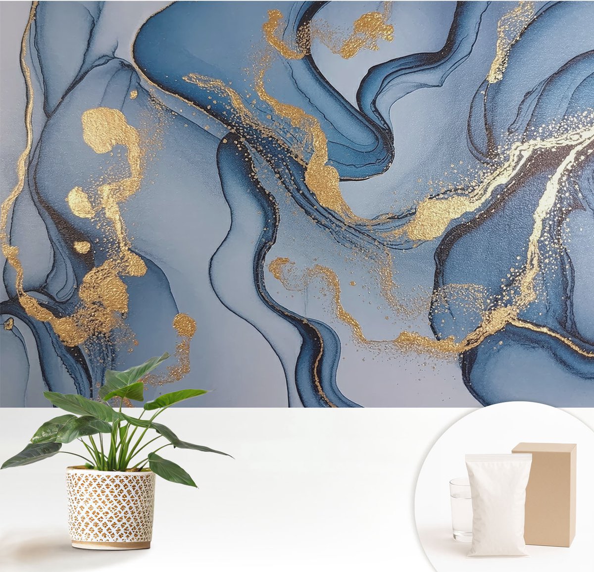 Wallfluent Fotobehang - Blauw Vliesbehang - 152x104 cm - Blauwe Golven Muurschildering - Slaapkamer behang Abstractie - Fotobehang Vlies - Slaapkamer behang