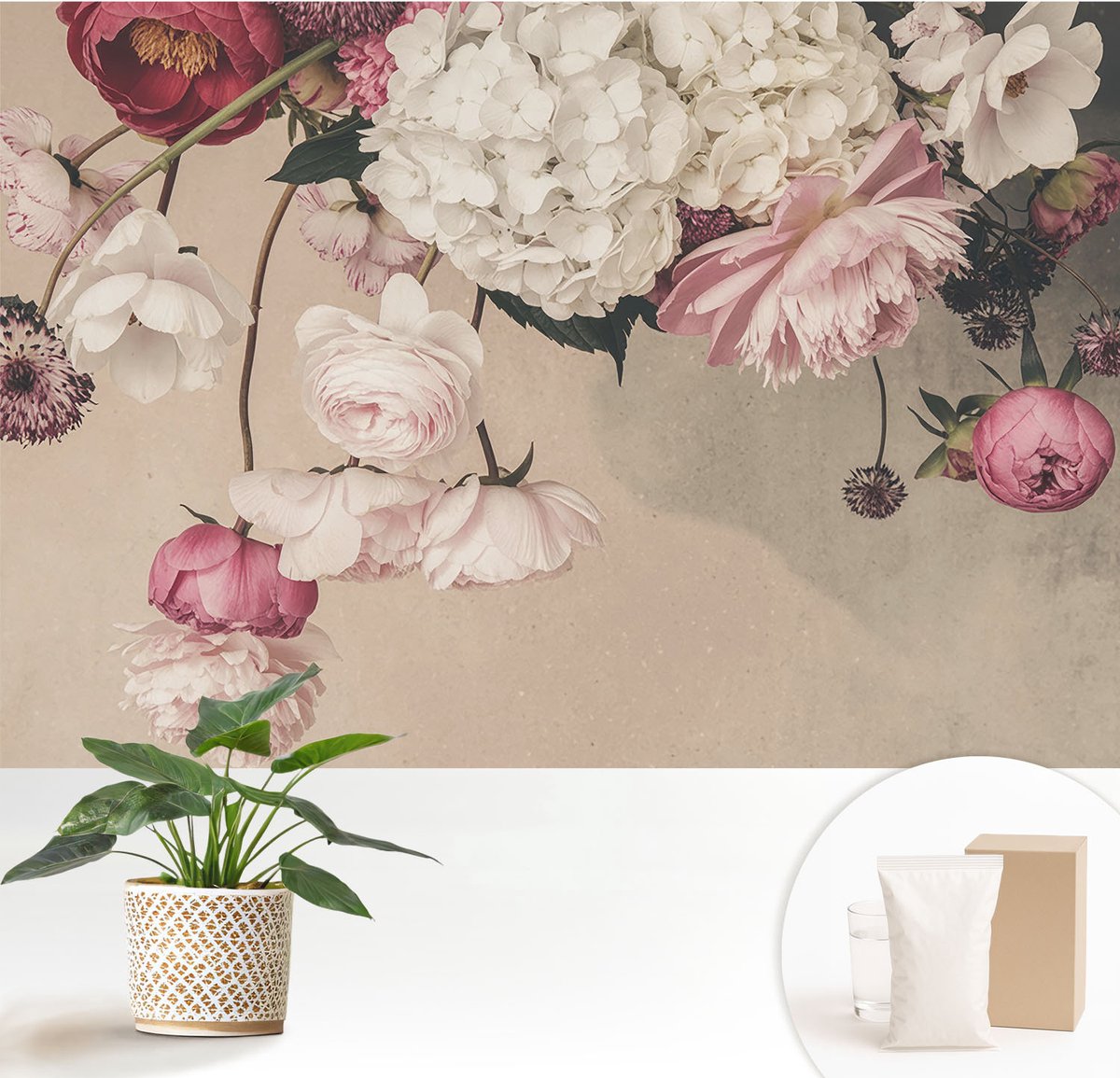 Wallfluent Fotobehang - Wit Vliesbehang - 152x104 cm - Romantische Bloemen Fotobehang Vlies - Hal behang Bloemen En Planten - Muurschildering - Hal behang