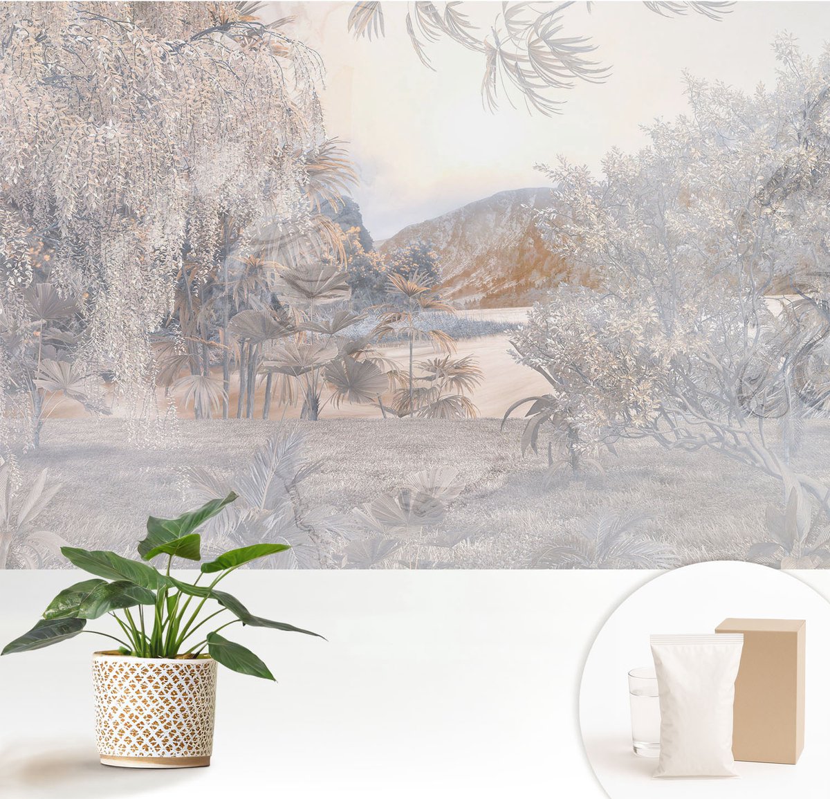 Wallfluent Fotobehang - Wit Vliesbehang - 152x104 cm - De Aard Van Subtiliteit Muurschildering - Gang behang Bloemen En Planten - Fotobehang Vlies - Gang behang