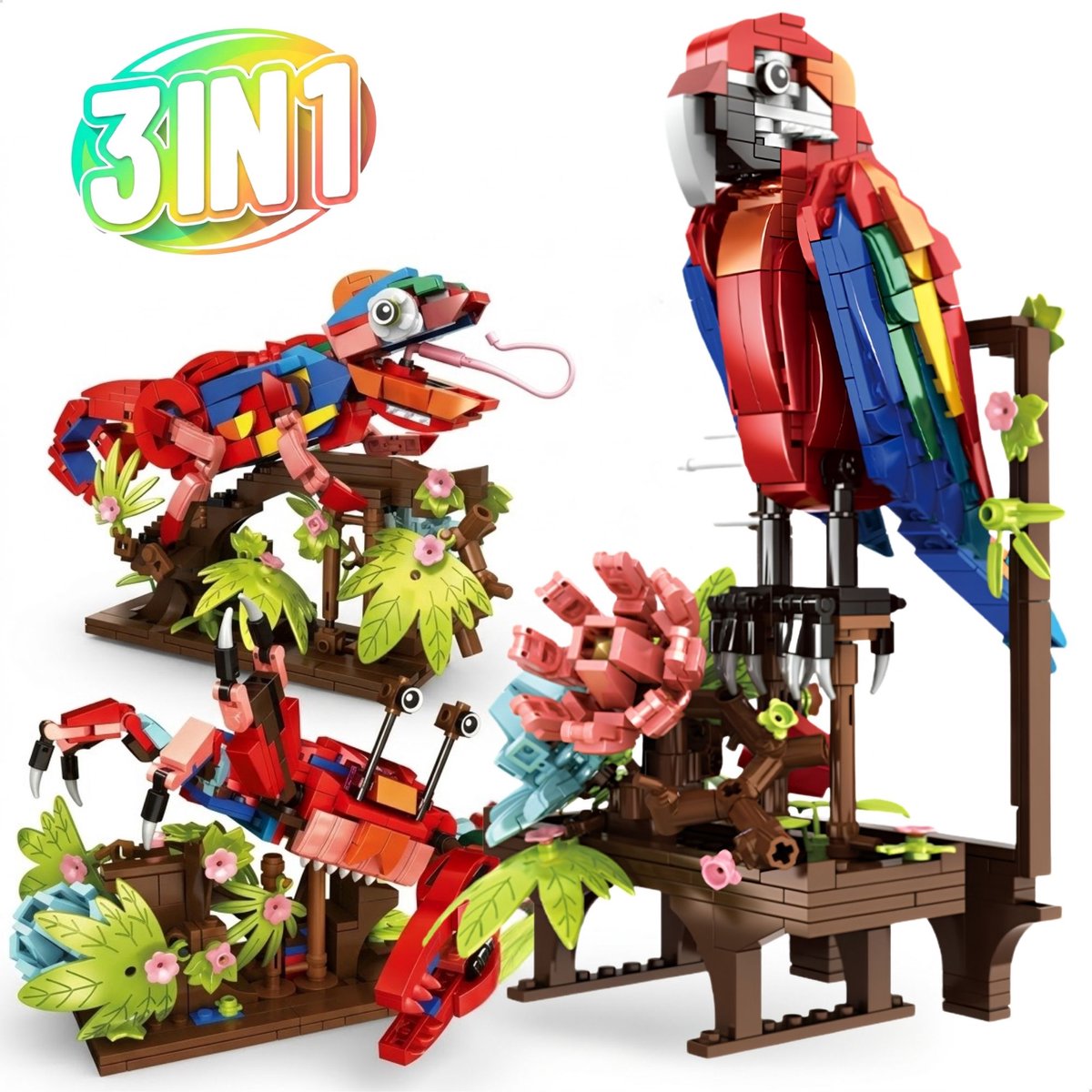Zhe Gao 19064 - 3 in 1 Exotische Dieren bouwpakket | Papegaai kameleon crab met bloemen | Classic Creator STEM speelgoed | Icons modelbouw kunst bloemenpracht volwassenen en kinderen | DIY bouwset niet geschikt voor lego | Bouwdoos met 593 bouwstenen