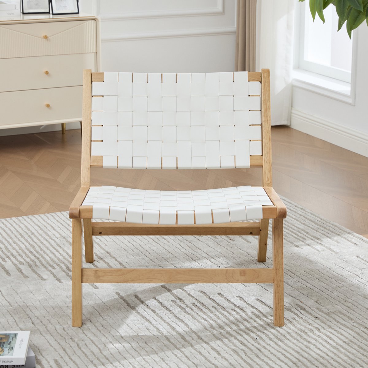 MODENUIT Fauteuil 71 x 66 x 72 cm - Geweven Zonder Armleuningen - Binnen en Buiten - Hout en Kunstleer - Wit