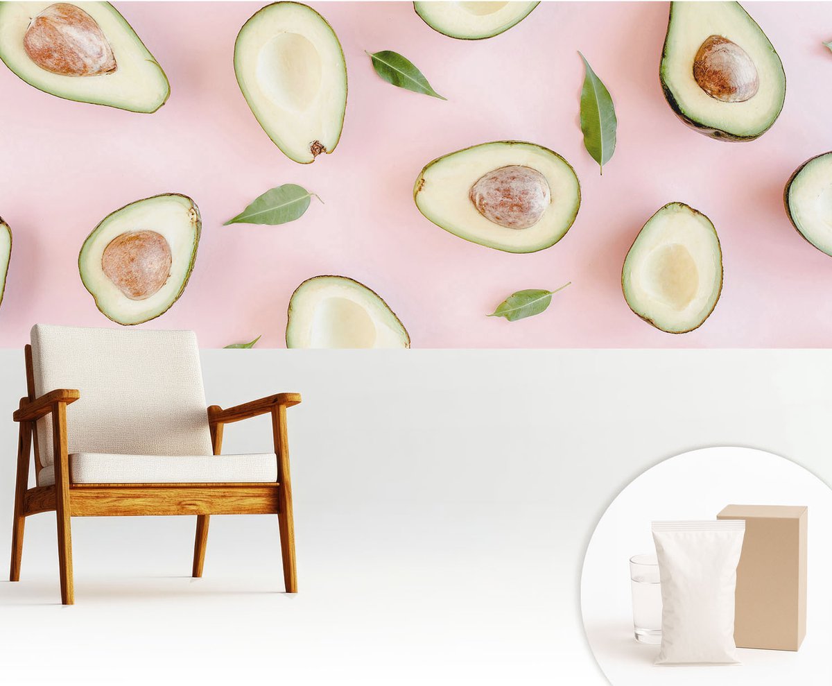 Wallfluent Fotobehang - Roze Vliesbehang - 250x104 cm - Samenstelling Van Avocado Muurschildering - Gang behang Voedsel - Fotobehang Vlies - Gang behang