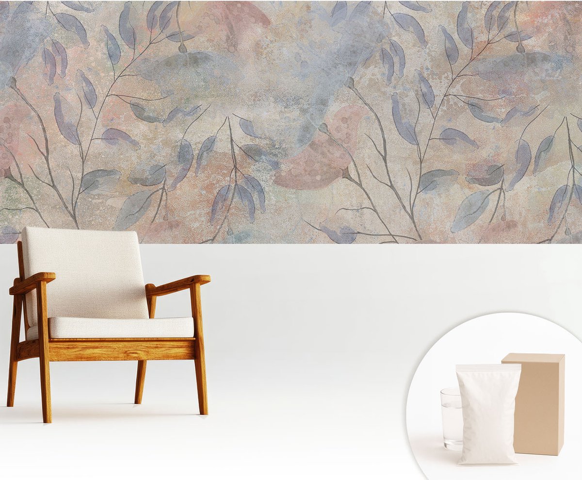 Wallfluent Fotobehang - Grijs Vliesbehang - 250x104 cm - Abstracte Bladeren Fotobehang Vlies - Woonkamer behang Bloemen En Planten - Muurschildering - Hal behang